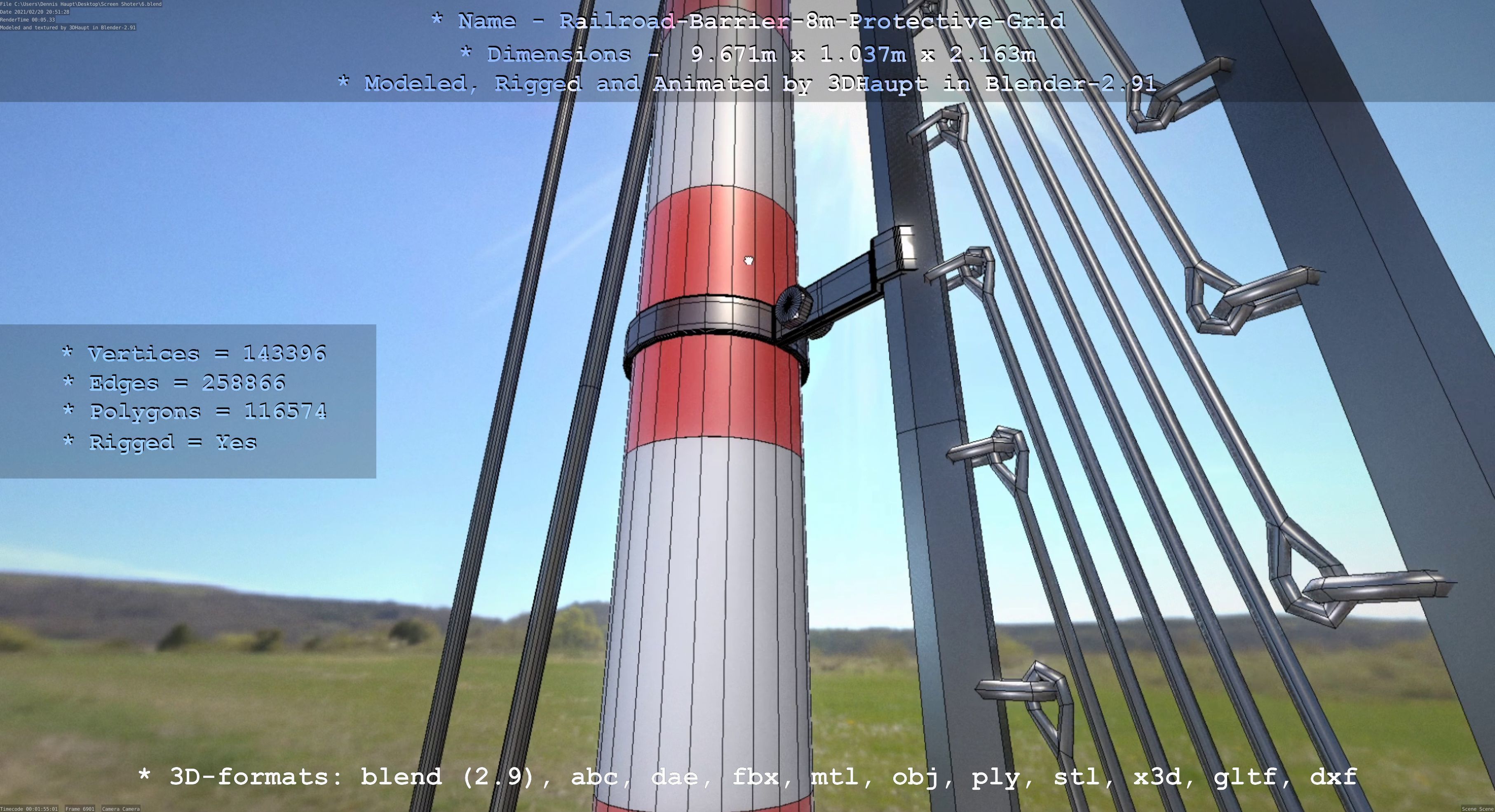 Railroad Barrier 8m High-Poly with Protective Grid 3D model_146