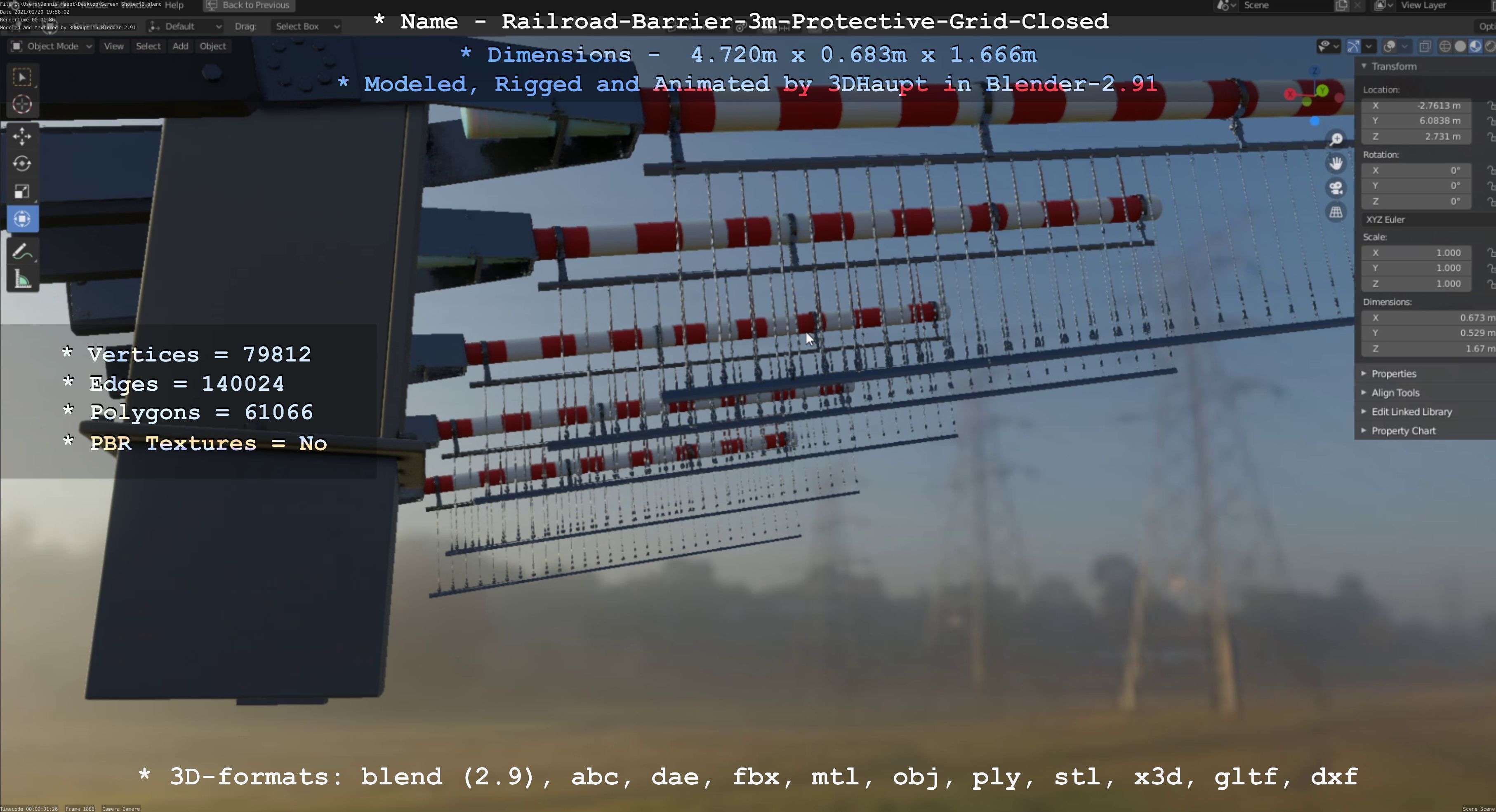 Railroad Barrier 3m High-Poly Version with Protective Grid 3D model_76