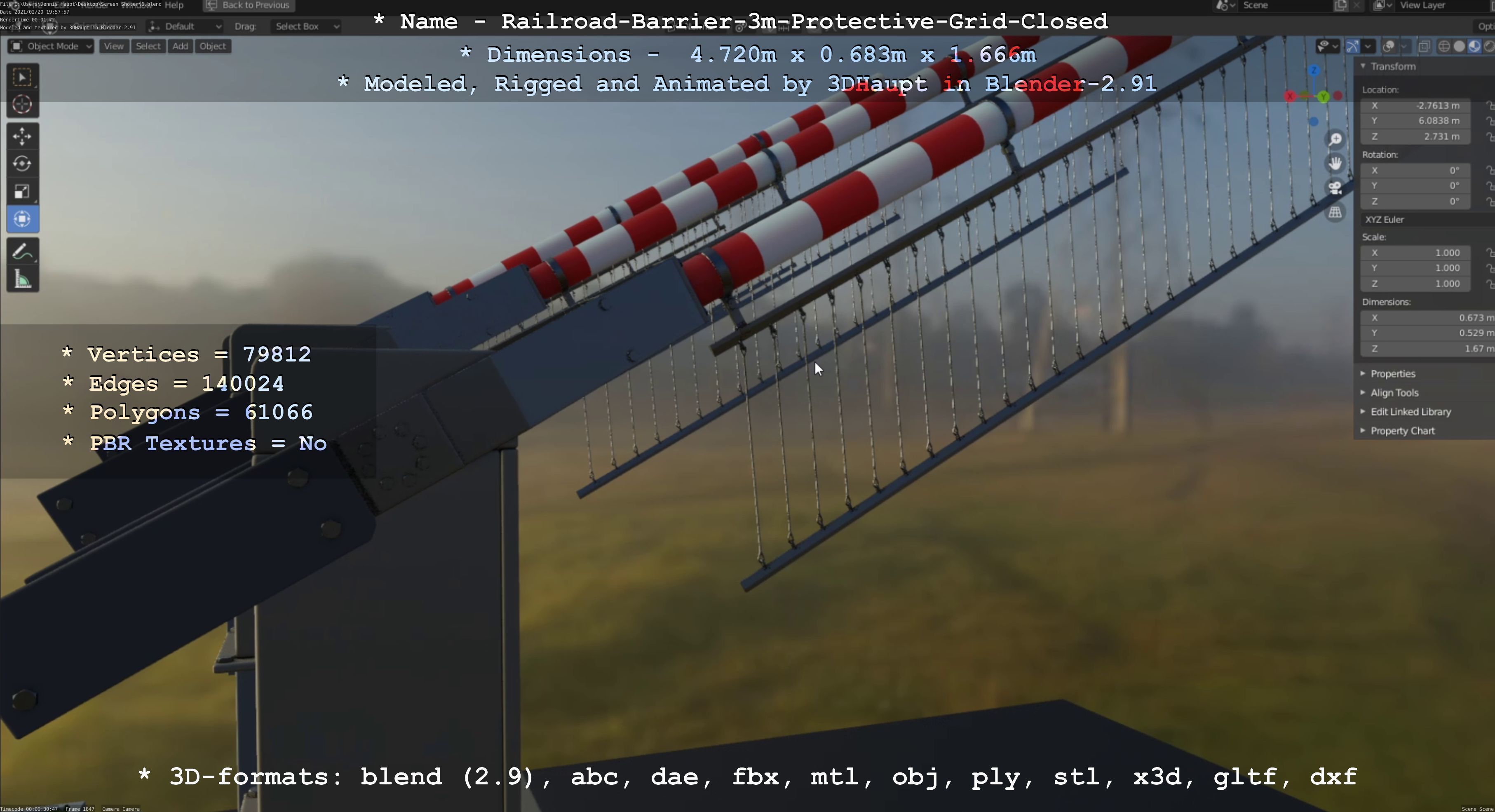 Railroad Barrier 3m High-Poly Version with Protective Grid 3D model_43