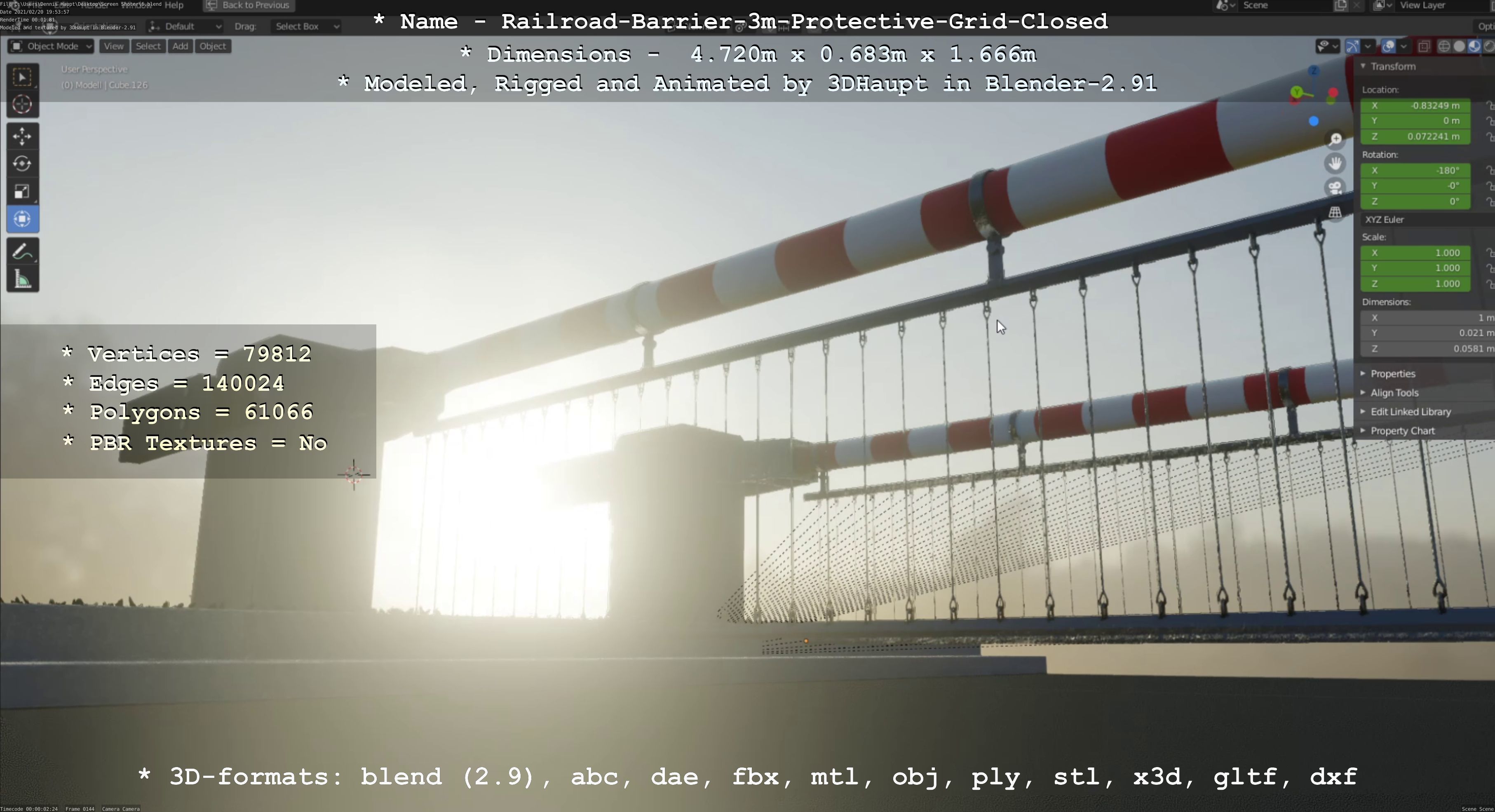 Railroad Barrier 3m High-Poly Version with Protective Grid 3D model_25