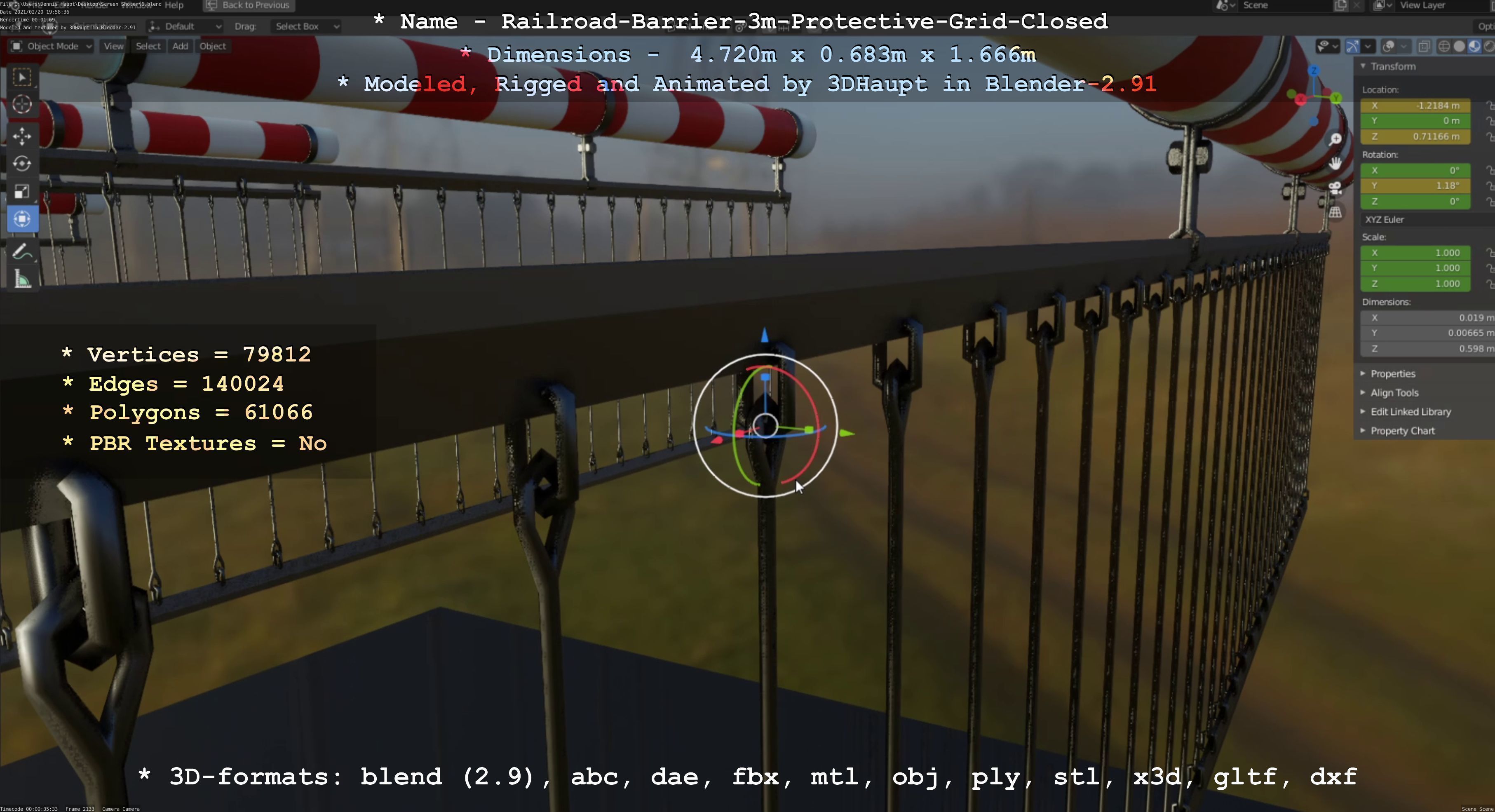 Railroad Barrier 3m High-Poly Version with Protective Grid 3D model_35