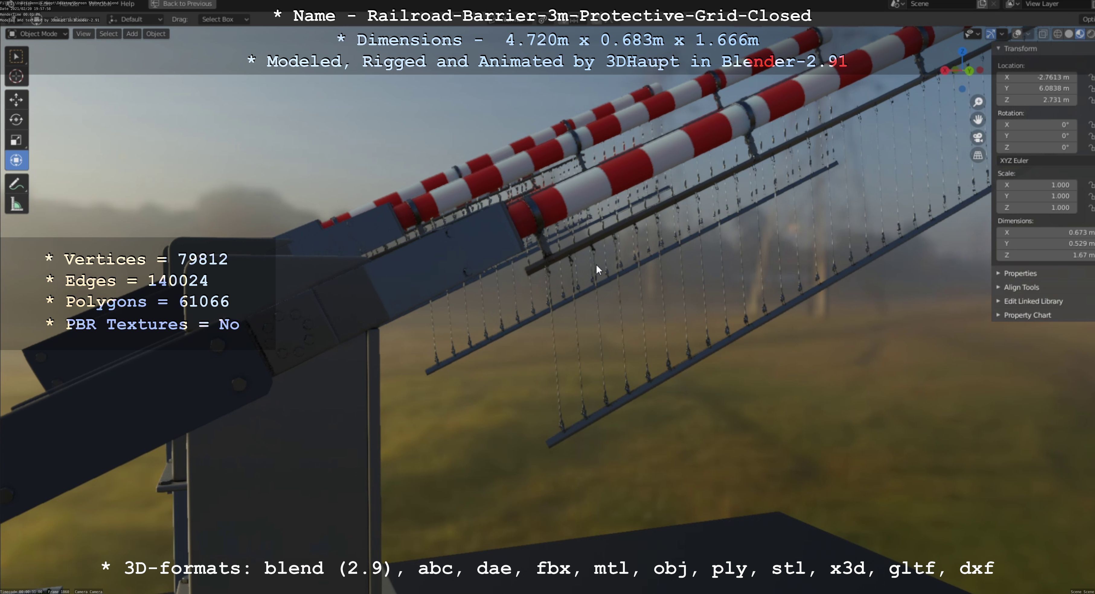 Railroad Barrier 3m High-Poly Version with Protective Grid 3D model_54