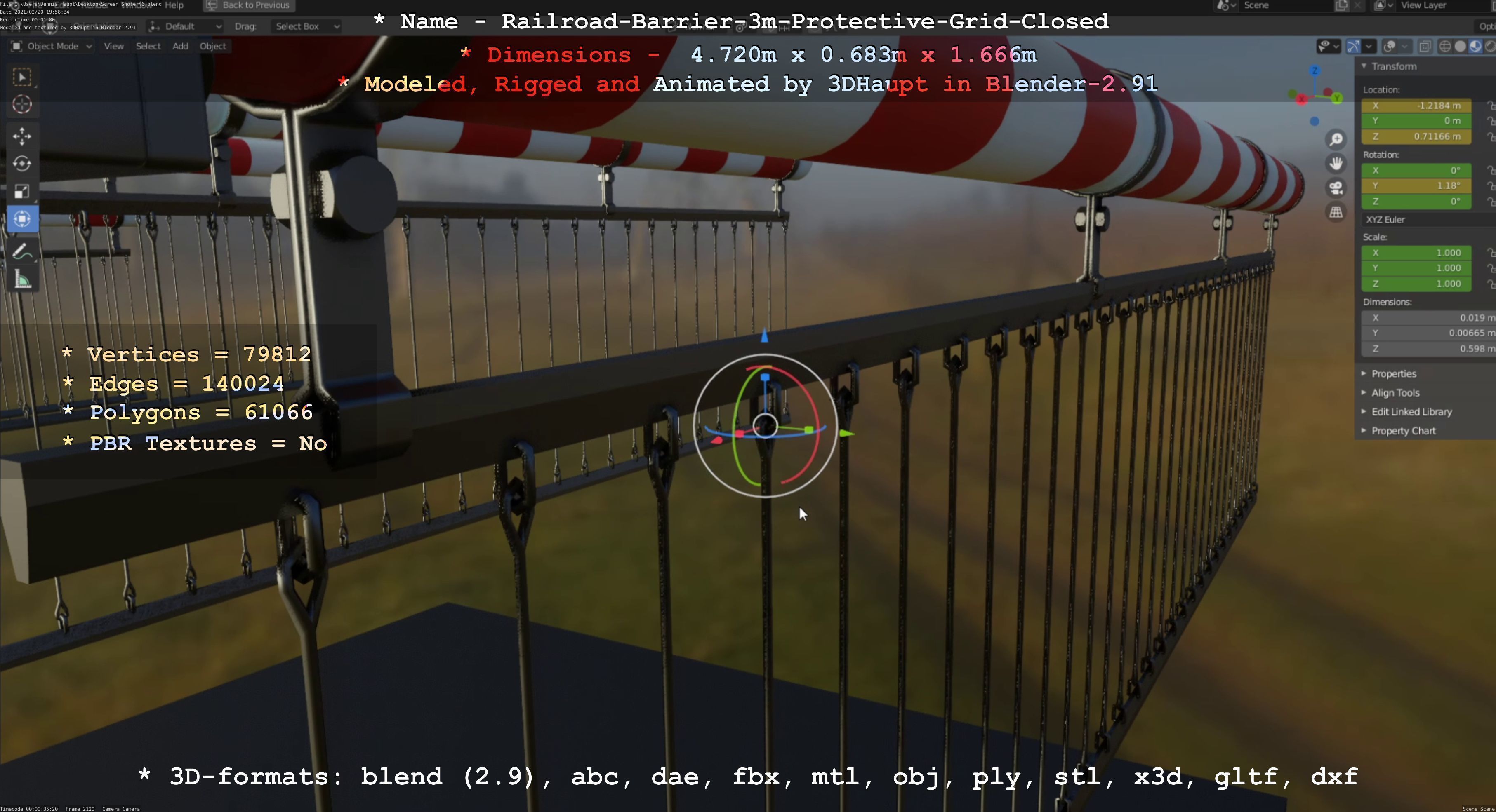 Railroad Barrier 3m High-Poly Version with Protective Grid 3D model_34