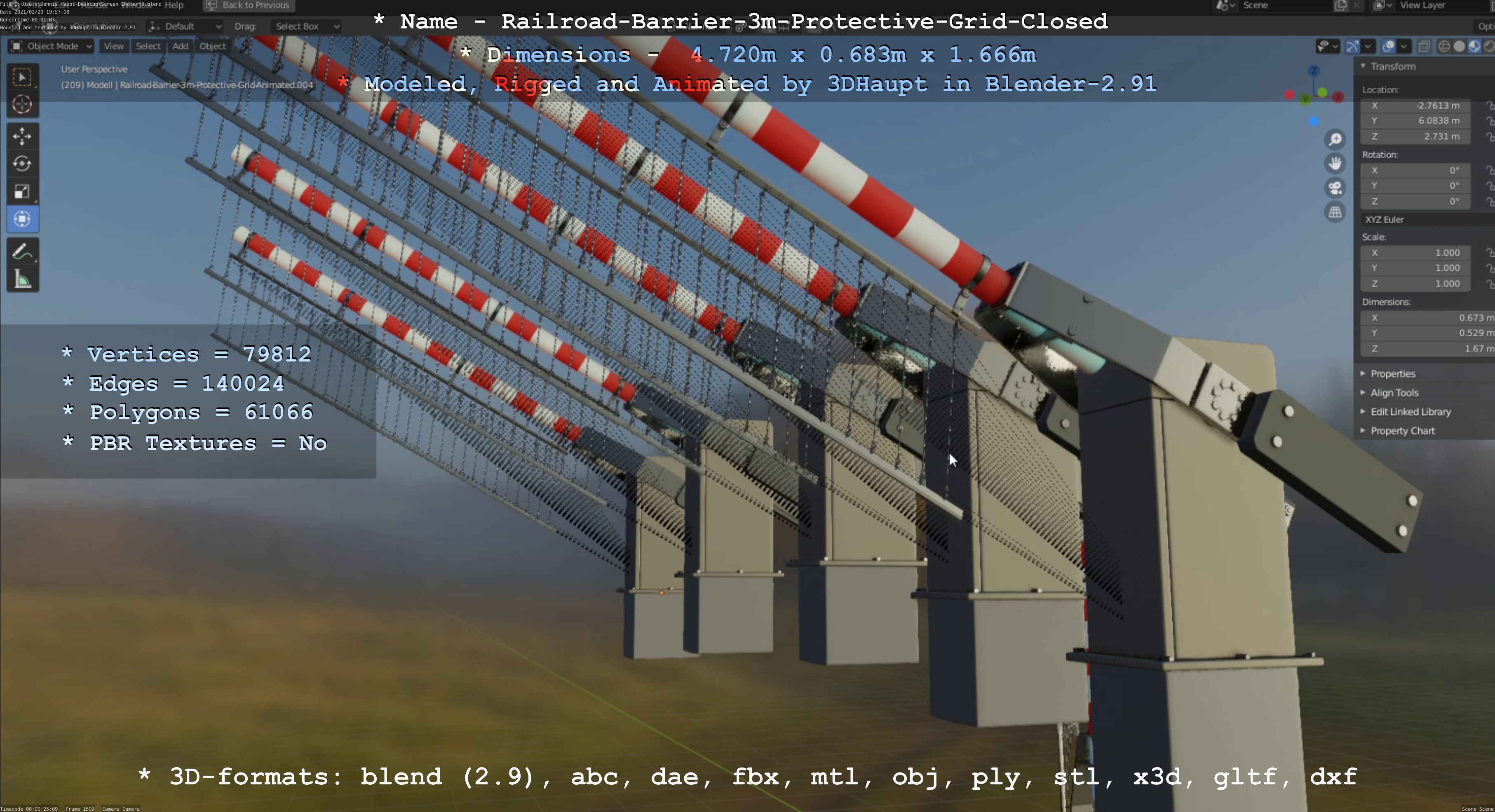 Railroad Barrier 3m High-Poly Version with Protective Grid 3D model_110