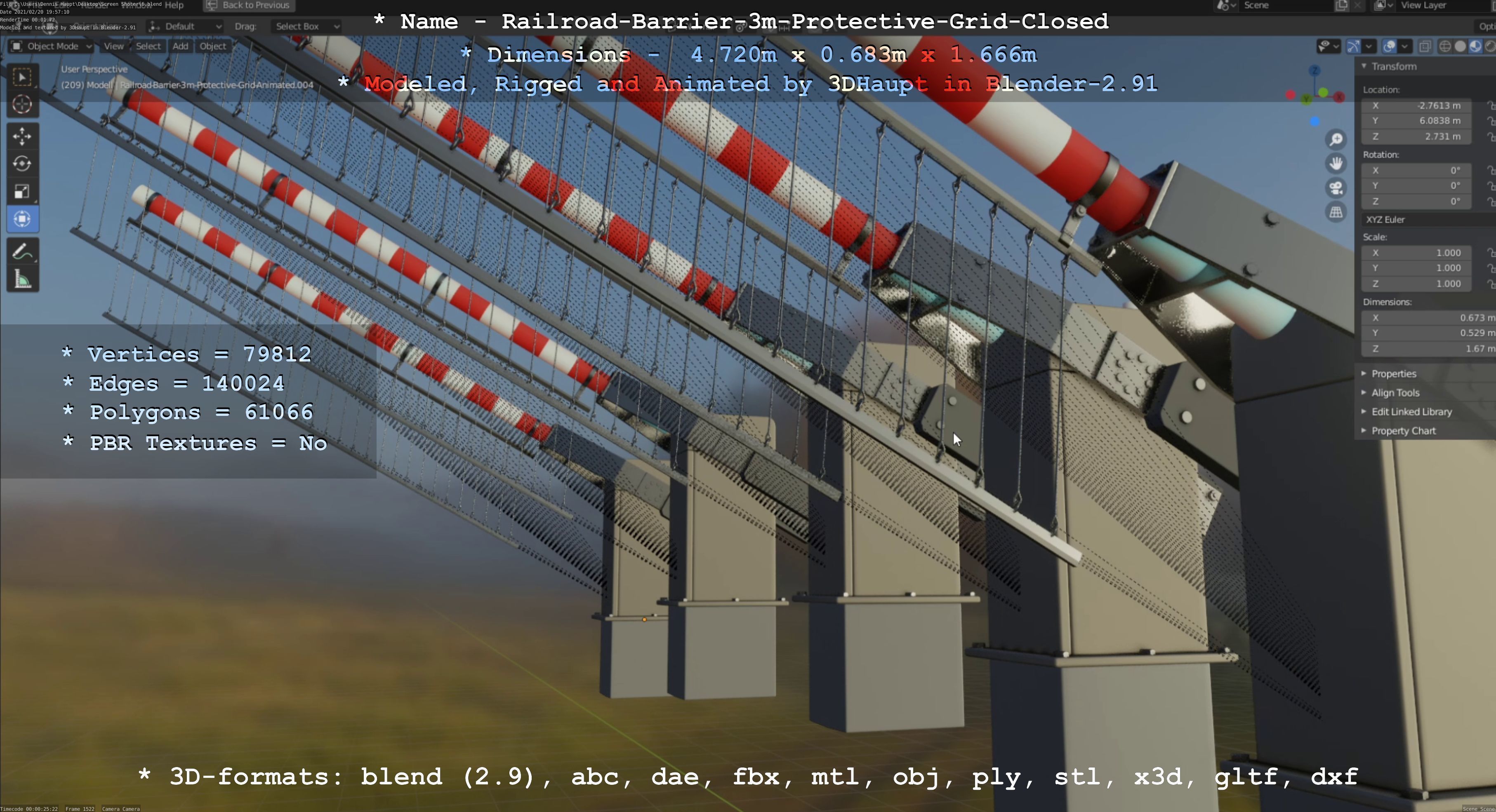 Railroad Barrier 3m High-Poly Version with Protective Grid 3D model_111