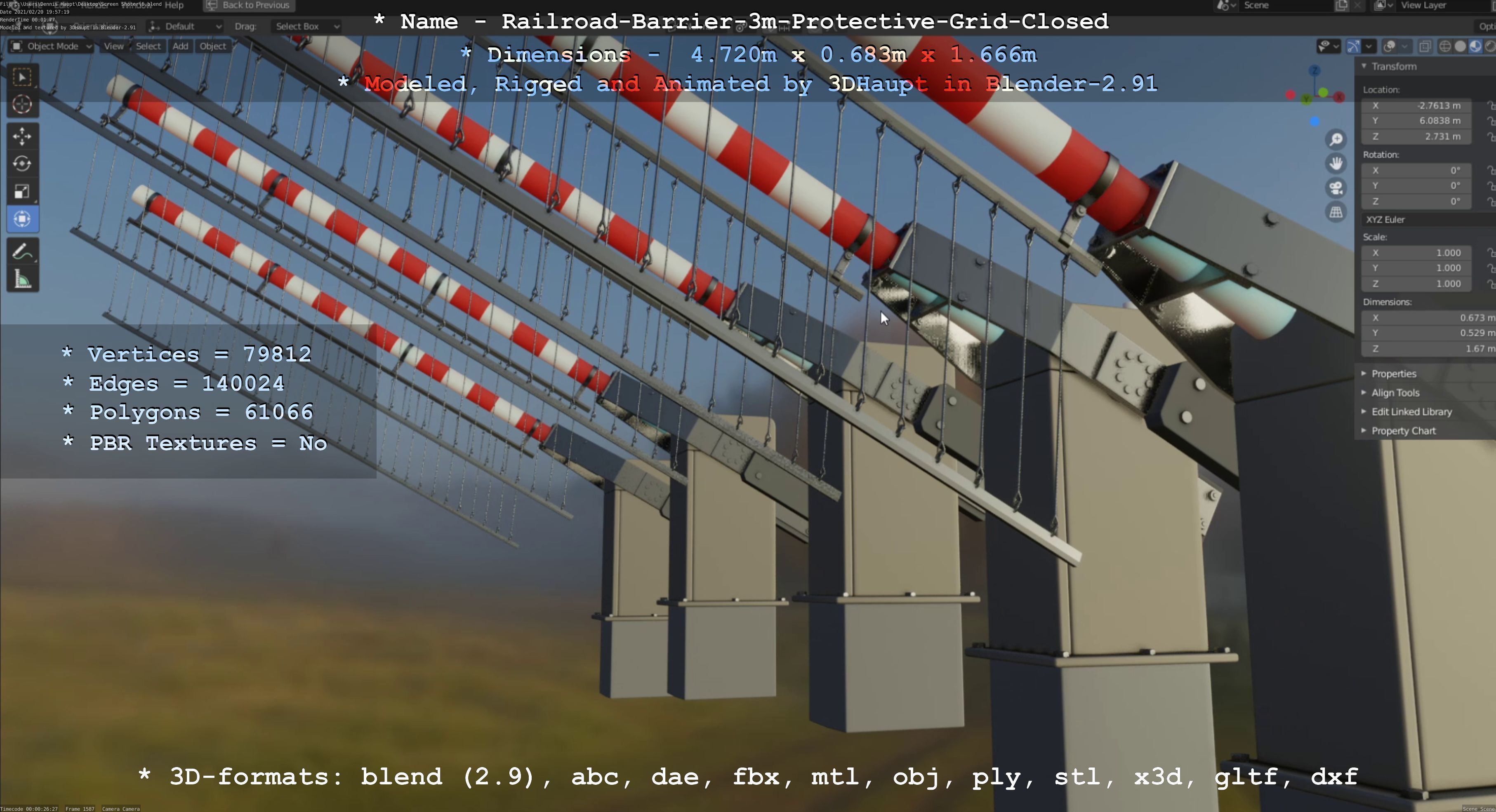 Railroad Barrier 3m High-Poly Version with Protective Grid 3D model_112