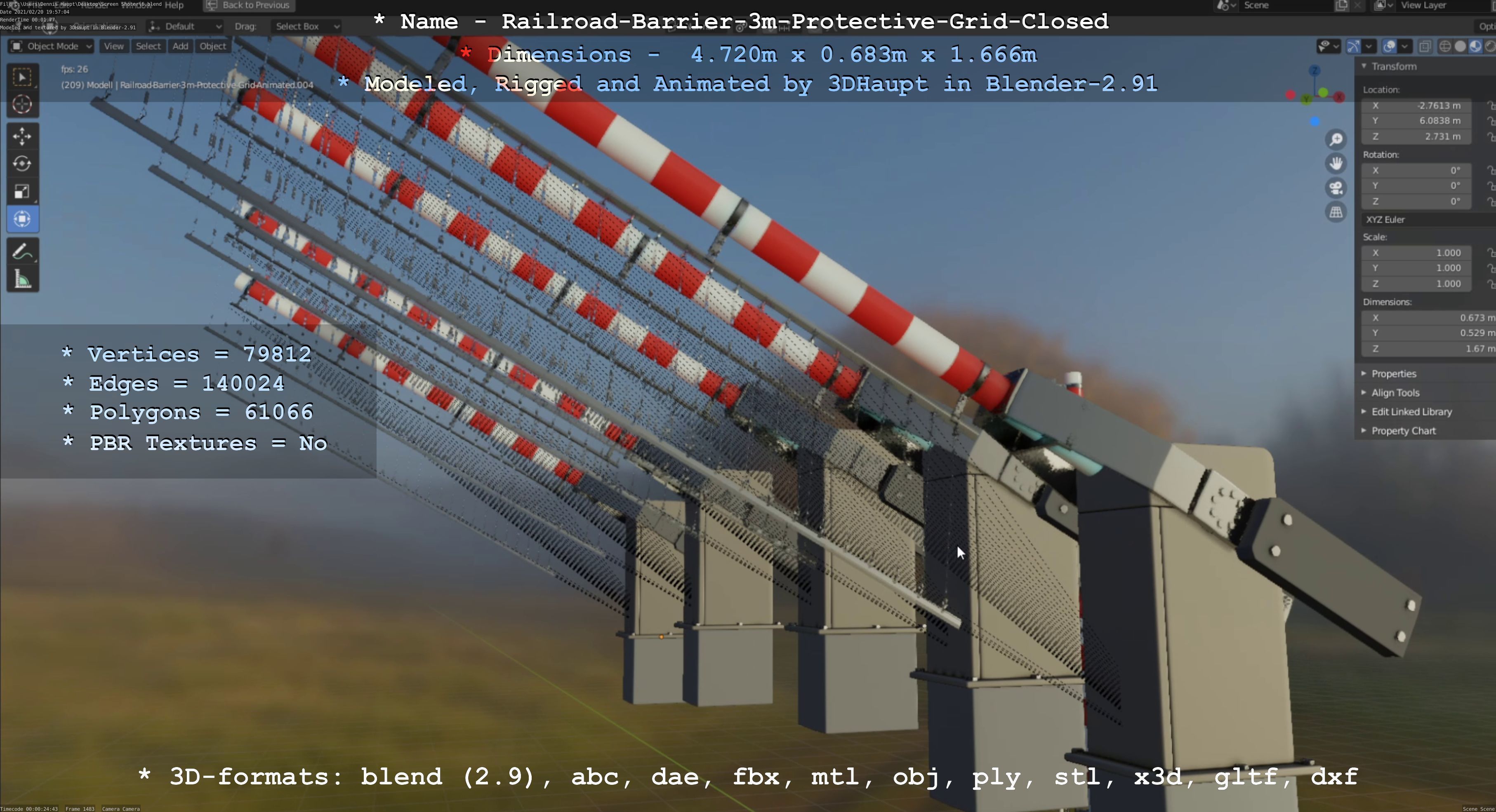 Railroad Barrier 3m High-Poly Version with Protective Grid 3D model_107