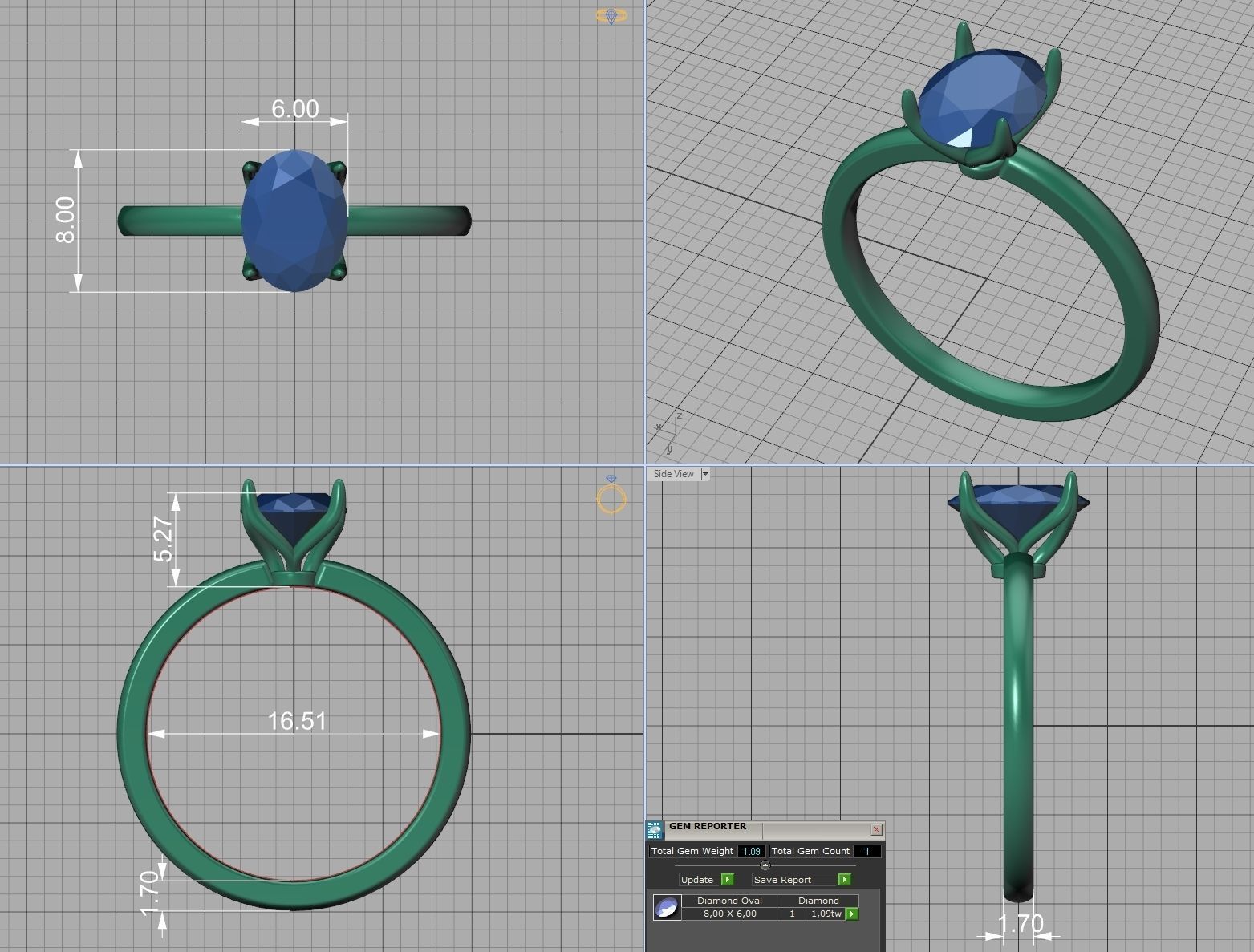 Elegant Solitaire Ring 8x6mm Oval stone Claw Setting 3D print model_9