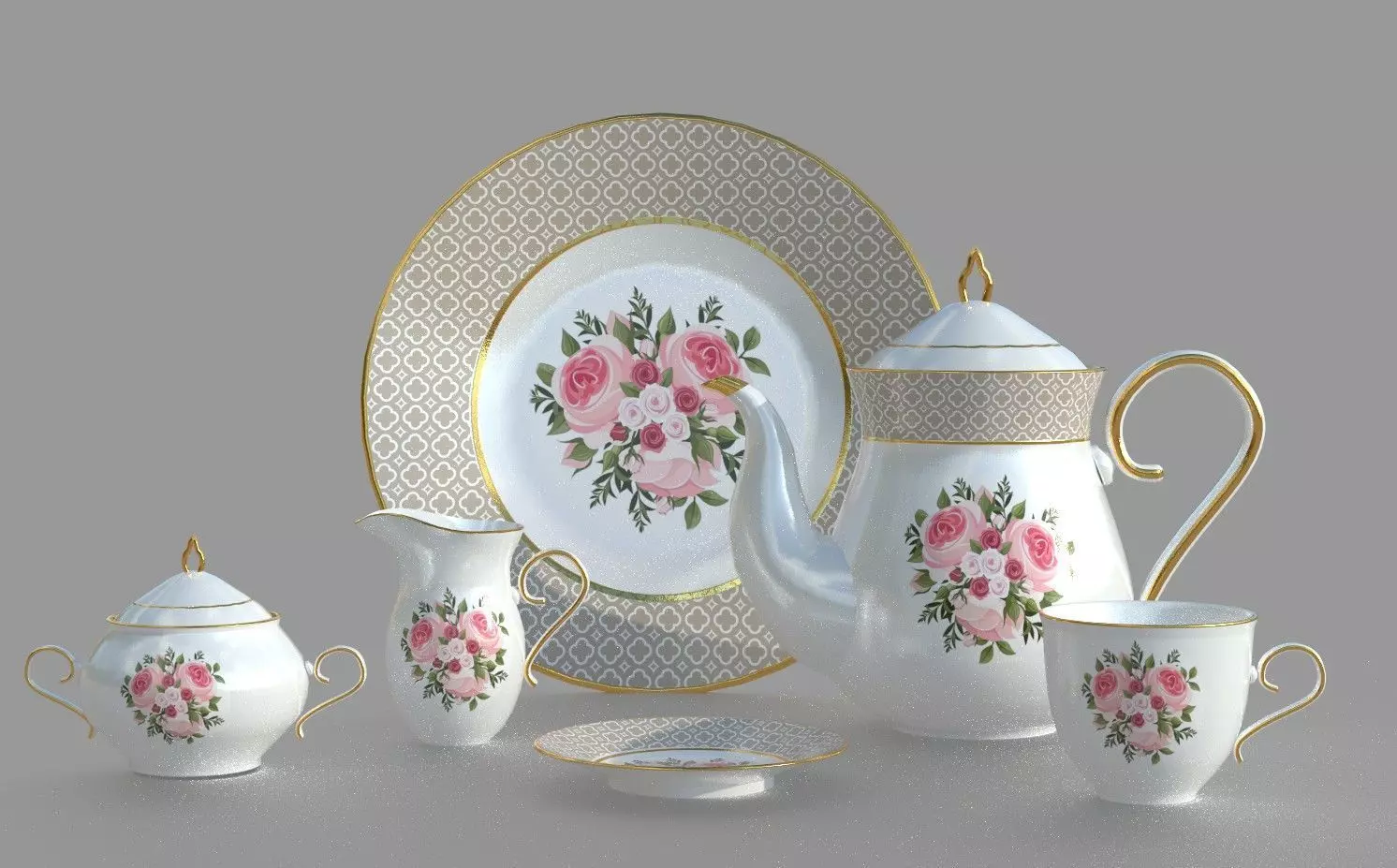 TEA SET pitcher with roses 3D model