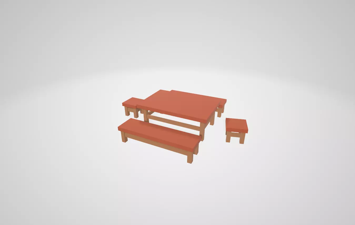A set of minimalistic table with chairs and benches Low-poly 3D model_0