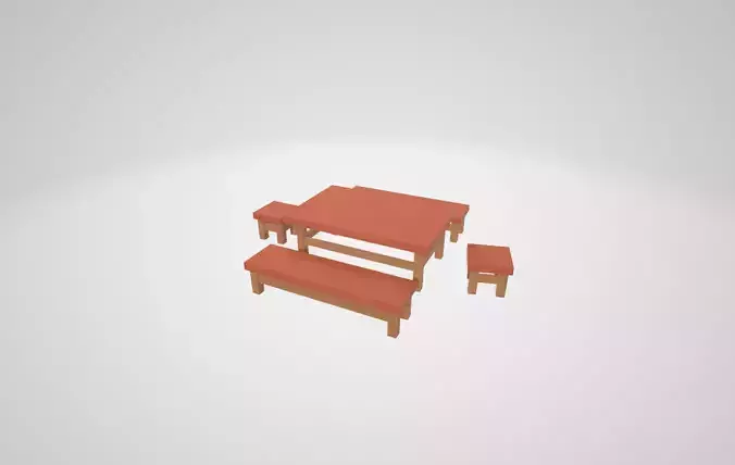 A set of minimalistic table with chairs and benches