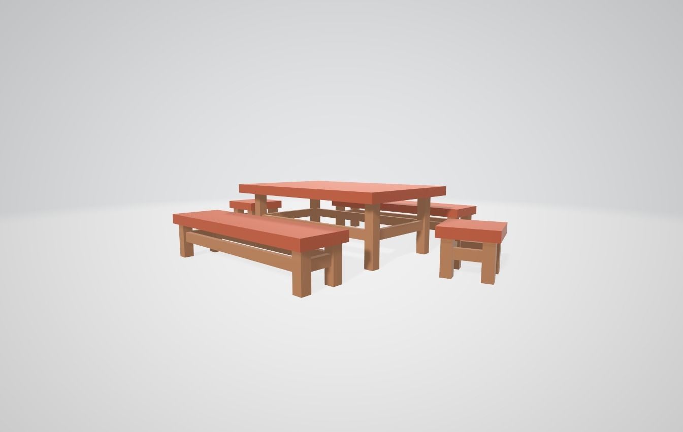 A set of minimalistic table with chairs and benches Low-poly 3D model_1