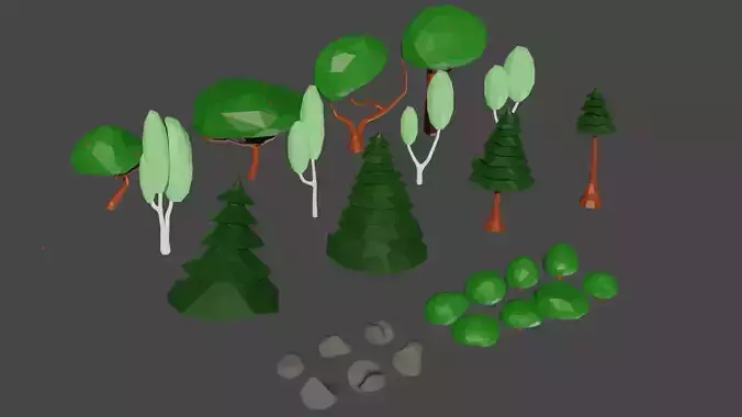 Small pack of low poly trees bushes and stones