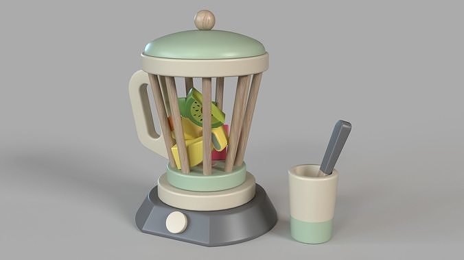 Wood Toy Blender Cup and Utensil with 3 Fruit Toys 3D model