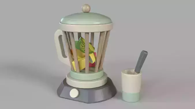 Wood Toy Blender Cup and Utensil with 3 Fruit Toys