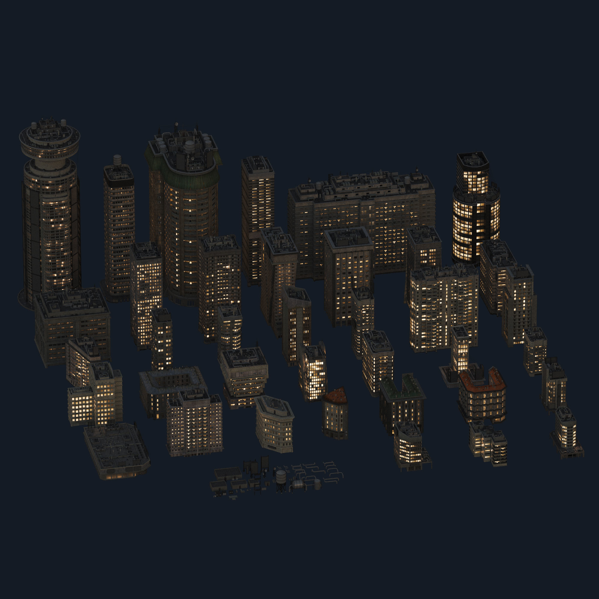 Building Skyscraper City Town Down Office Work Street Kitbash Low-poly 3D model_9