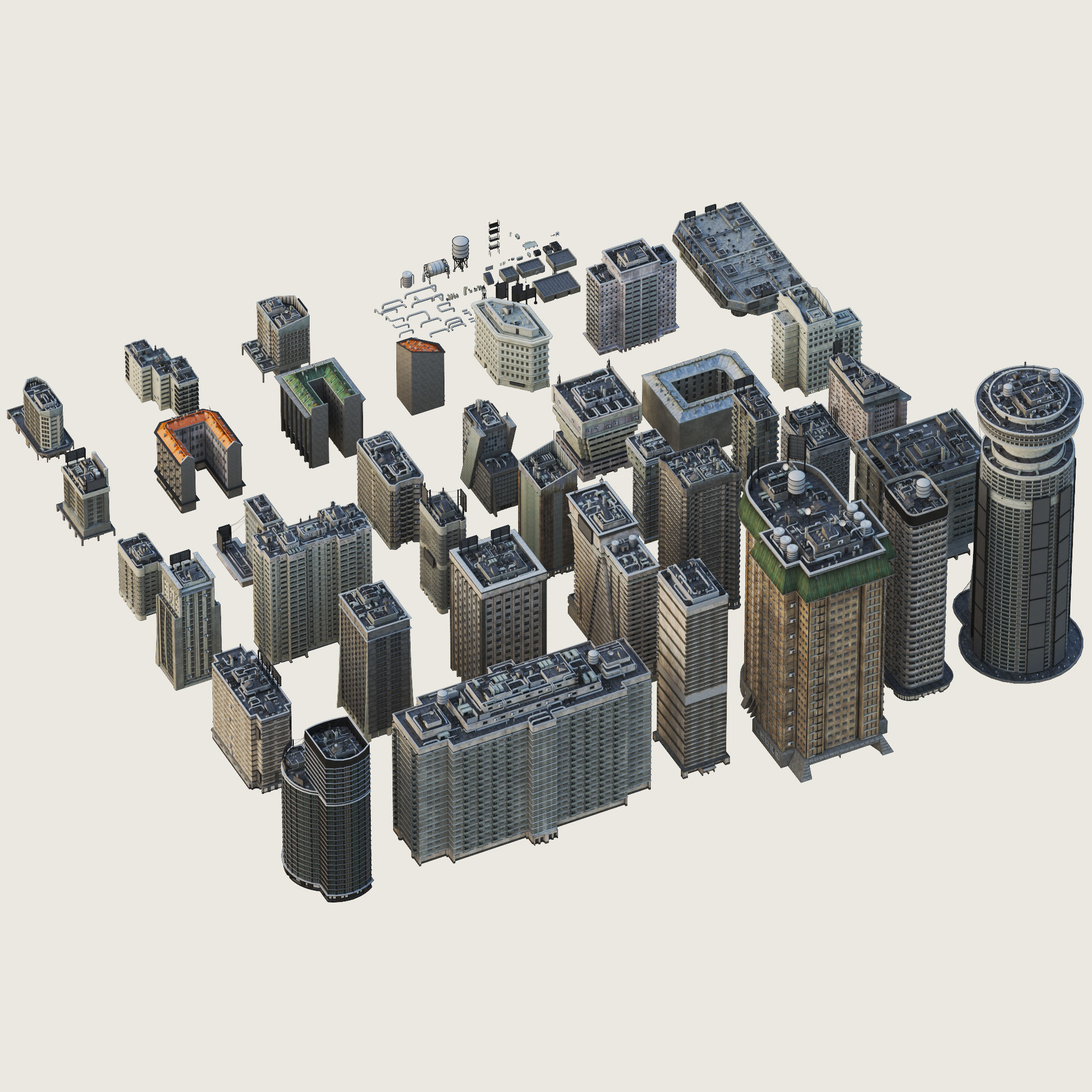 Building Skyscraper City Town Down Office Work Street Kitbash Low-poly 3D model_7