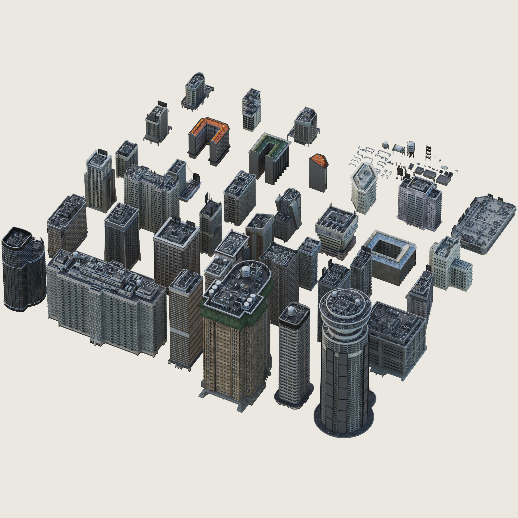 Building Skyscraper City Town Down Office Work Street Kitbash Low-poly 3D model_8
