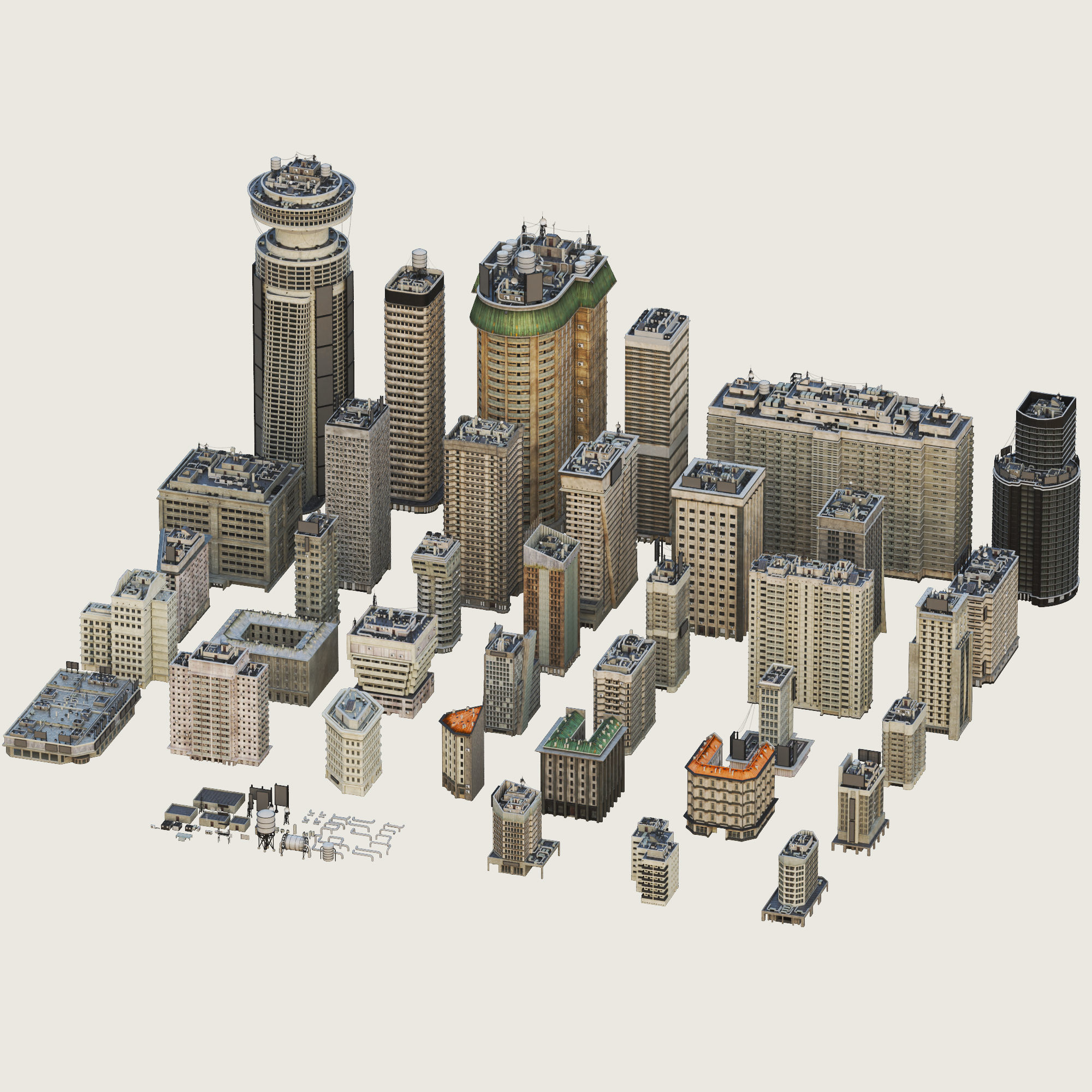 Building Skyscraper City Town Down Office Work Street Kitbash Low-poly 3D model_6