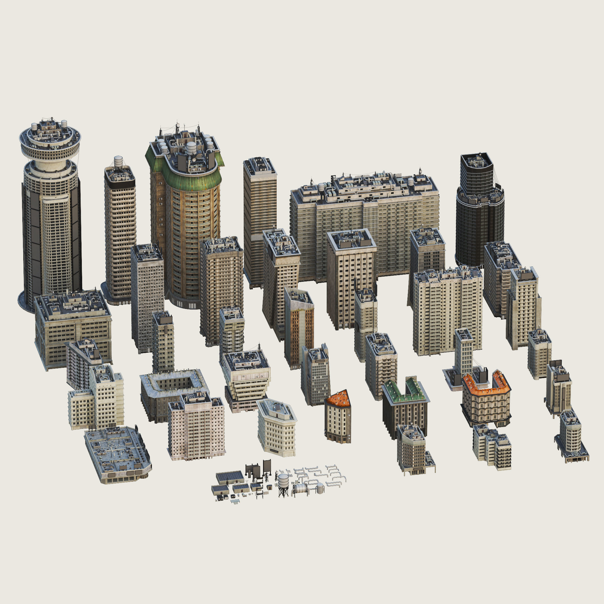 Building Skyscraper City Town Down Office Work Street Kitbash Low-poly 3D model_5