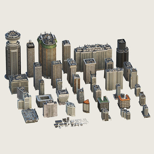 Building Skyscraper City Town Down Office Work Street Kitbash Low-poly 3D model 6