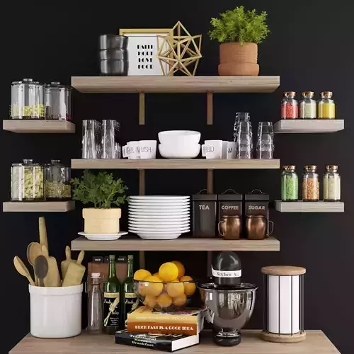 Kitchen accessories on wood shelves