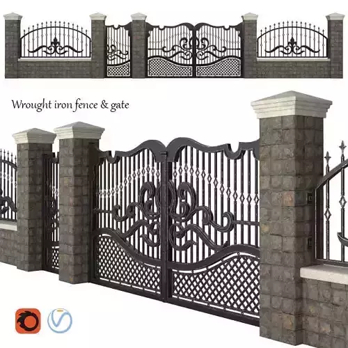 Wrought iron fence and gate 3D model