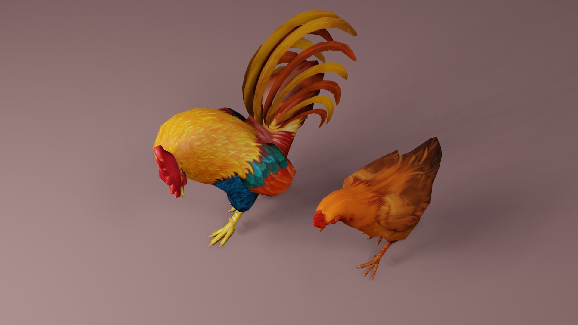 Low Poly Rooster and Hen Rigged 3D models Low-poly 3D model_1