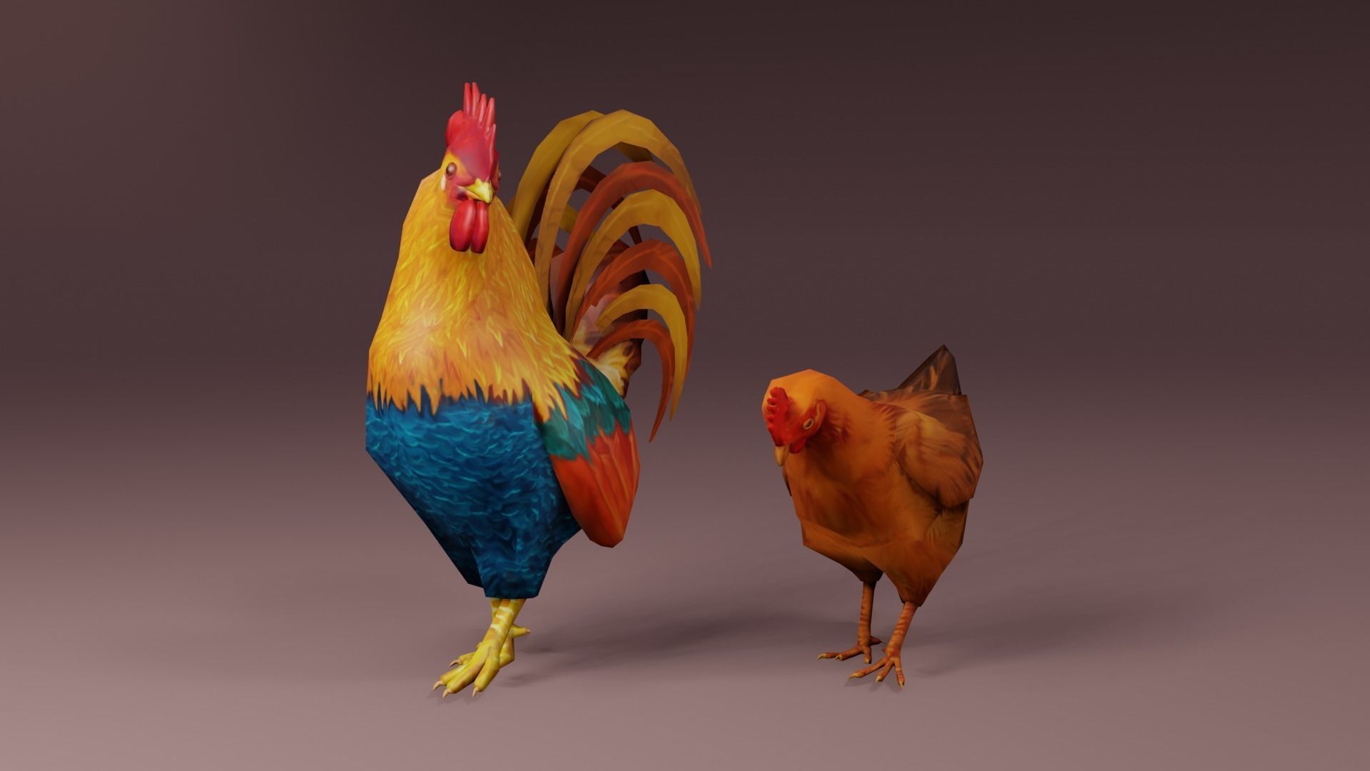Low Poly Rooster and Hen Rigged 3D models Low-poly 3D model_5