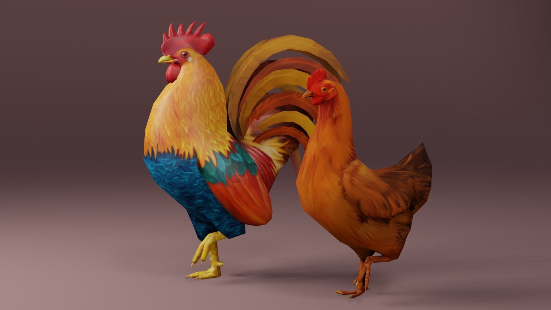 Low Poly Rooster and Hen Rigged 3D models Low-poly 3D model_4