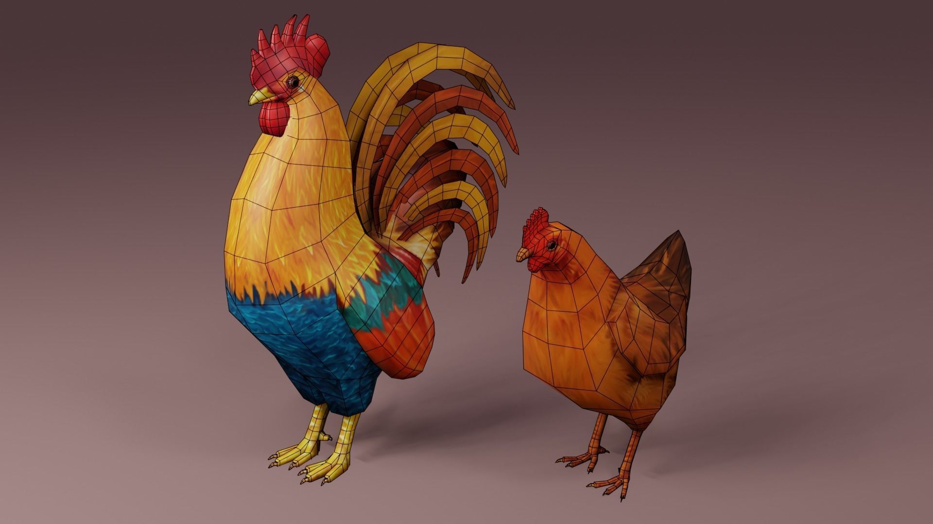 Low Poly Rooster and Hen Rigged 3D models Low-poly 3D model_3