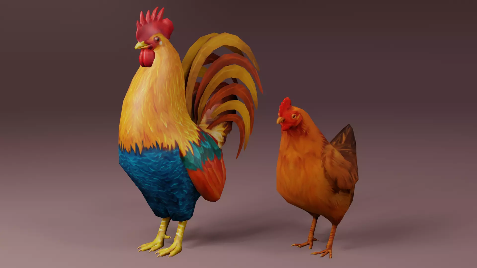 Low Poly Rooster and Hen Rigged 3D models Low-poly 3D model_0