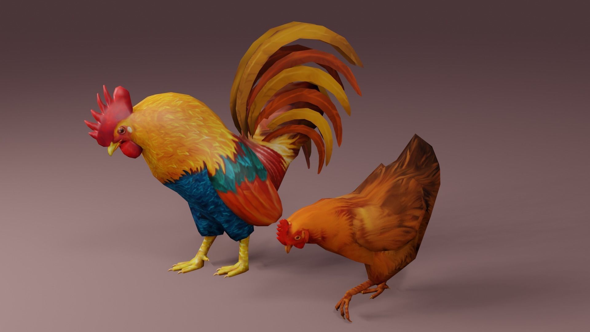 Low Poly Rooster and Hen Rigged 3D models Low-poly 3D model_2