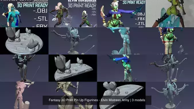 Fantasy 3D Print Pin Up Figurines - Elvin Mistress Army 3D Model Collection