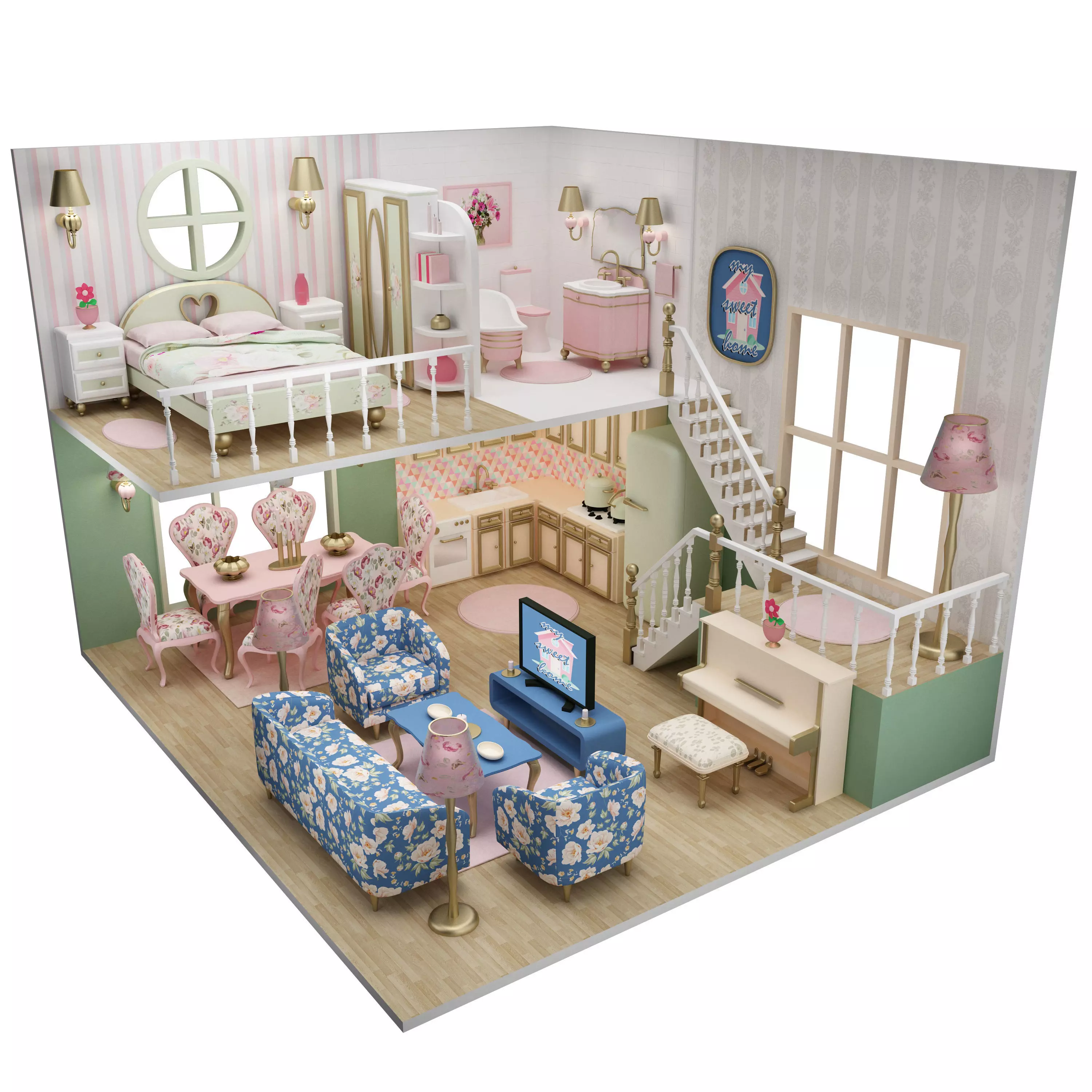 Dollhouse doll house with furniture and stairs 3D model