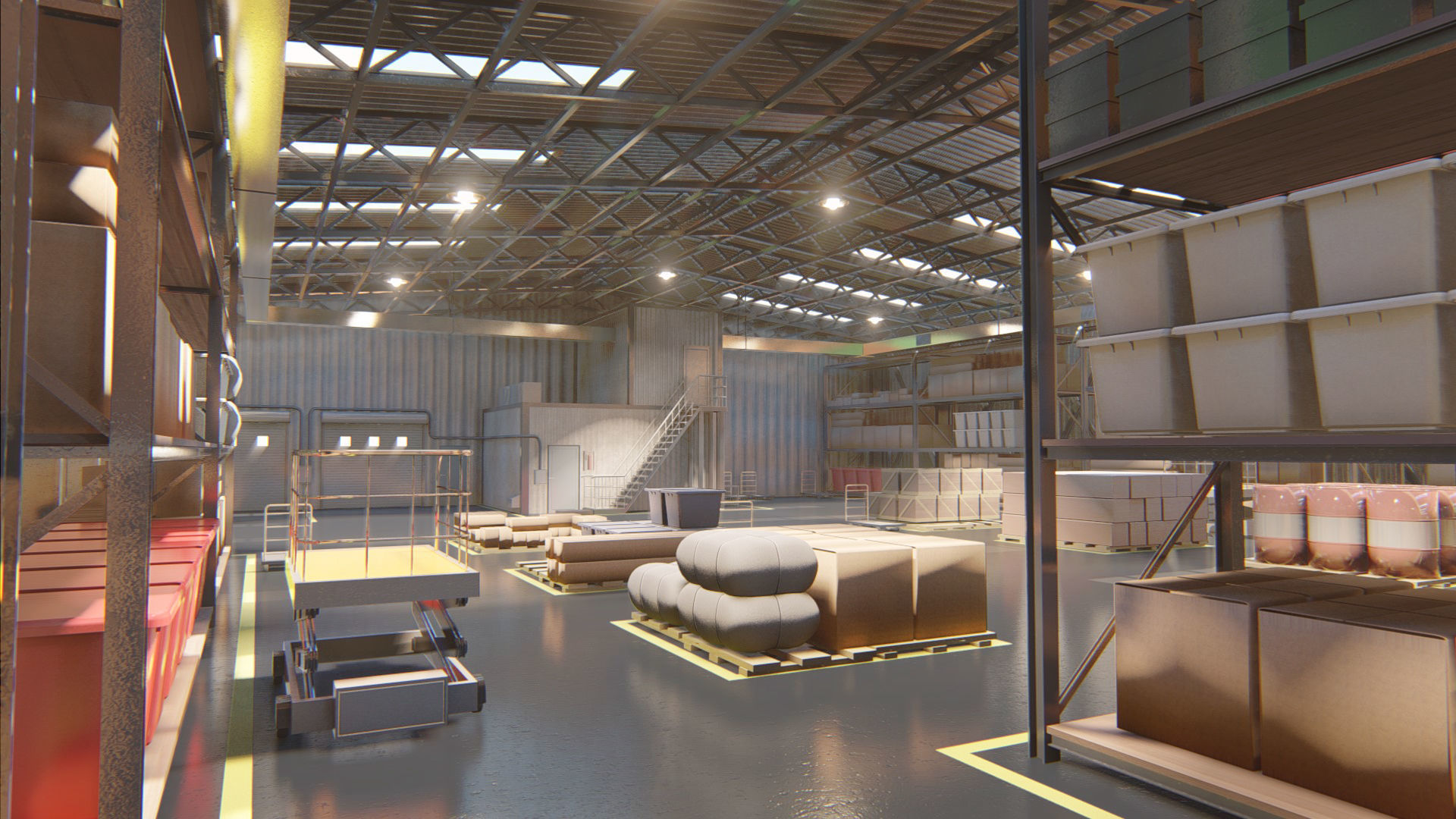 Warehouse filled with boxes and pallets Free 3D model_4