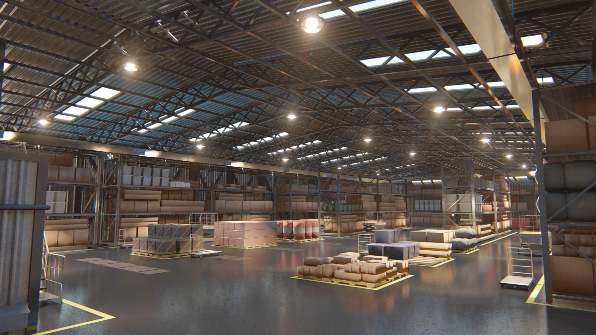 Warehouse filled with boxes and pallets Free 3D model_1