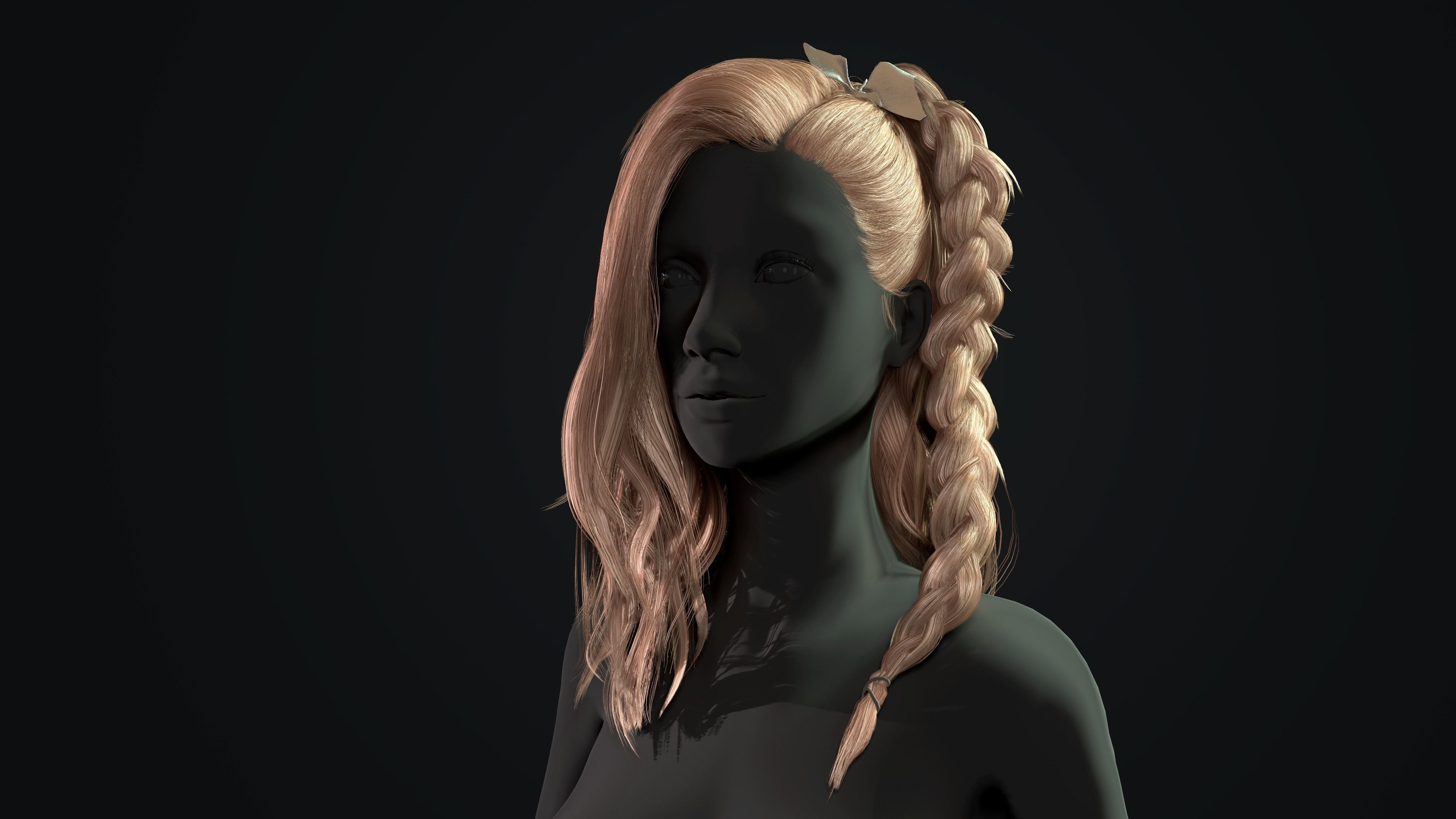 Realtime hair female body and bow Low-poly 3D model_4