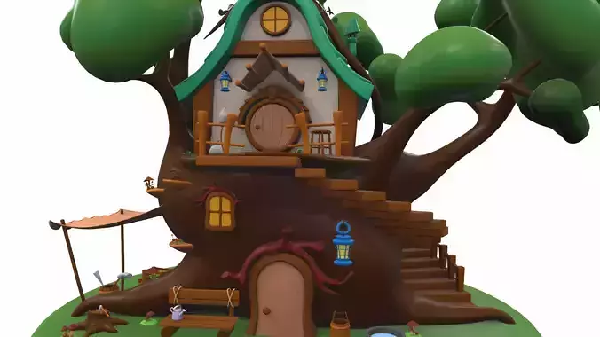 Cartoon tree house and props