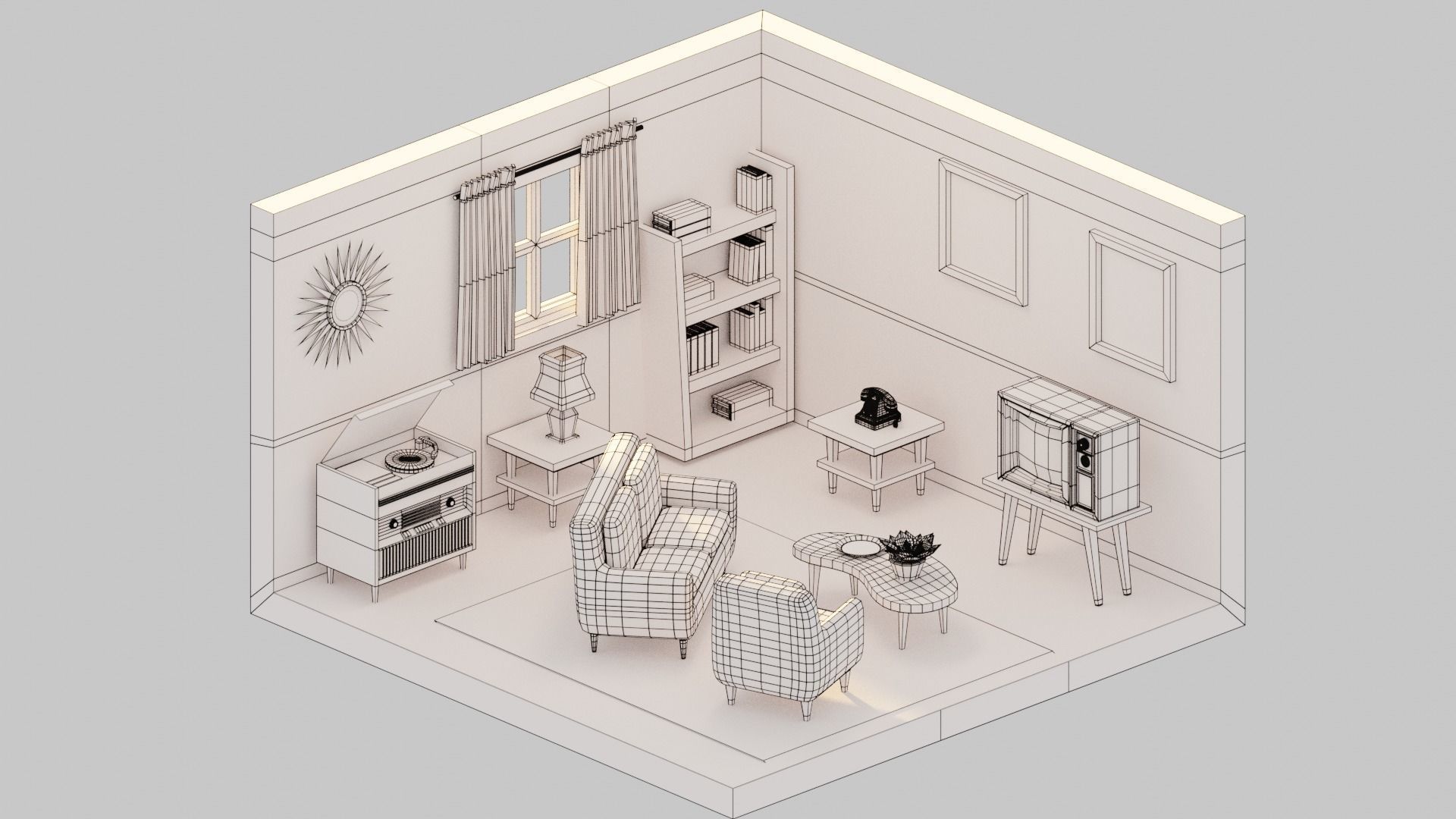 Vintage Living Room Low-poly 3D model_8