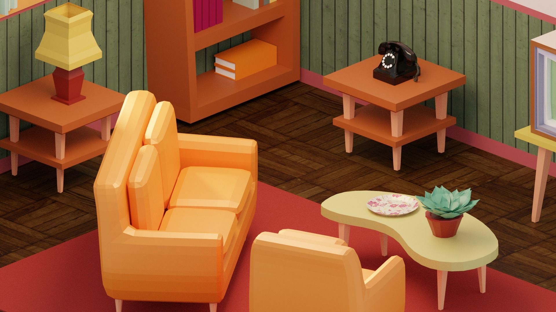 Vintage Living Room Low-poly 3D model_6