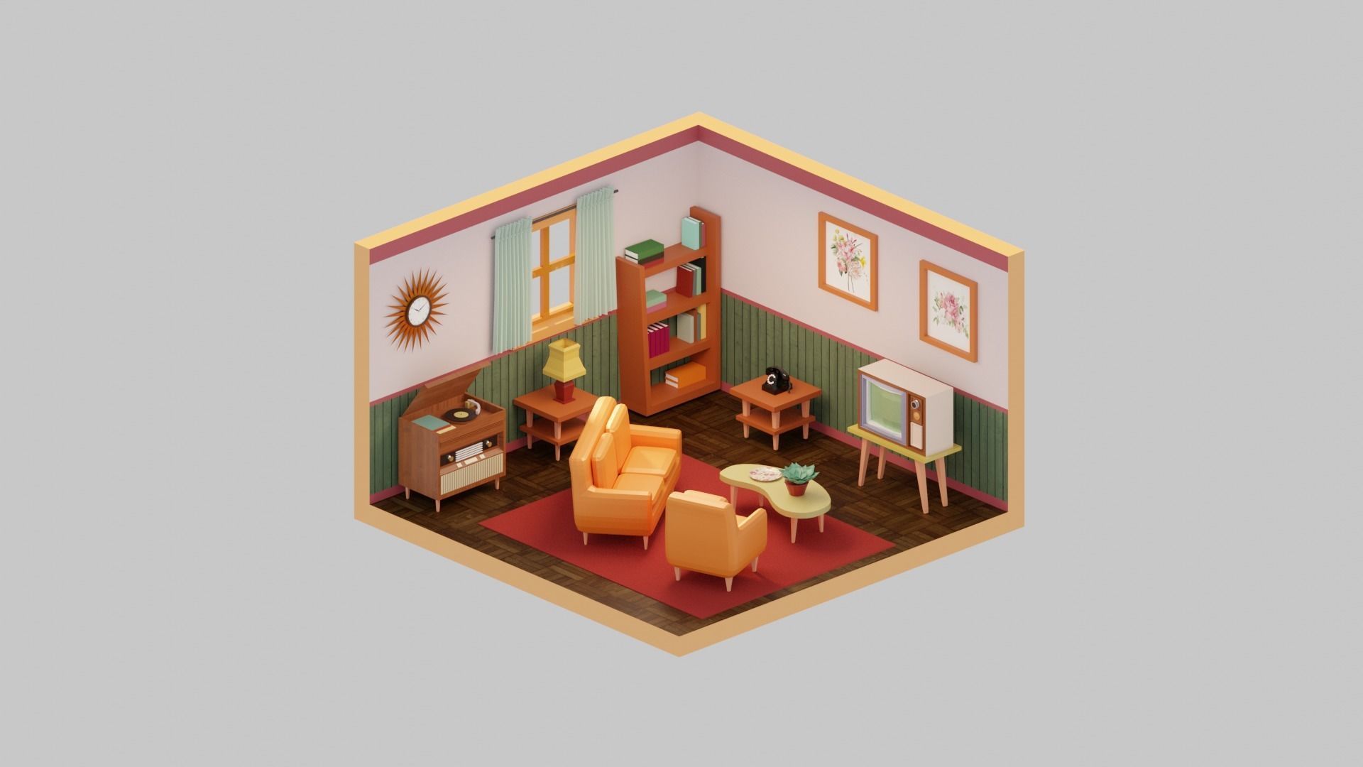 Vintage Living Room Low-poly 3D model_1