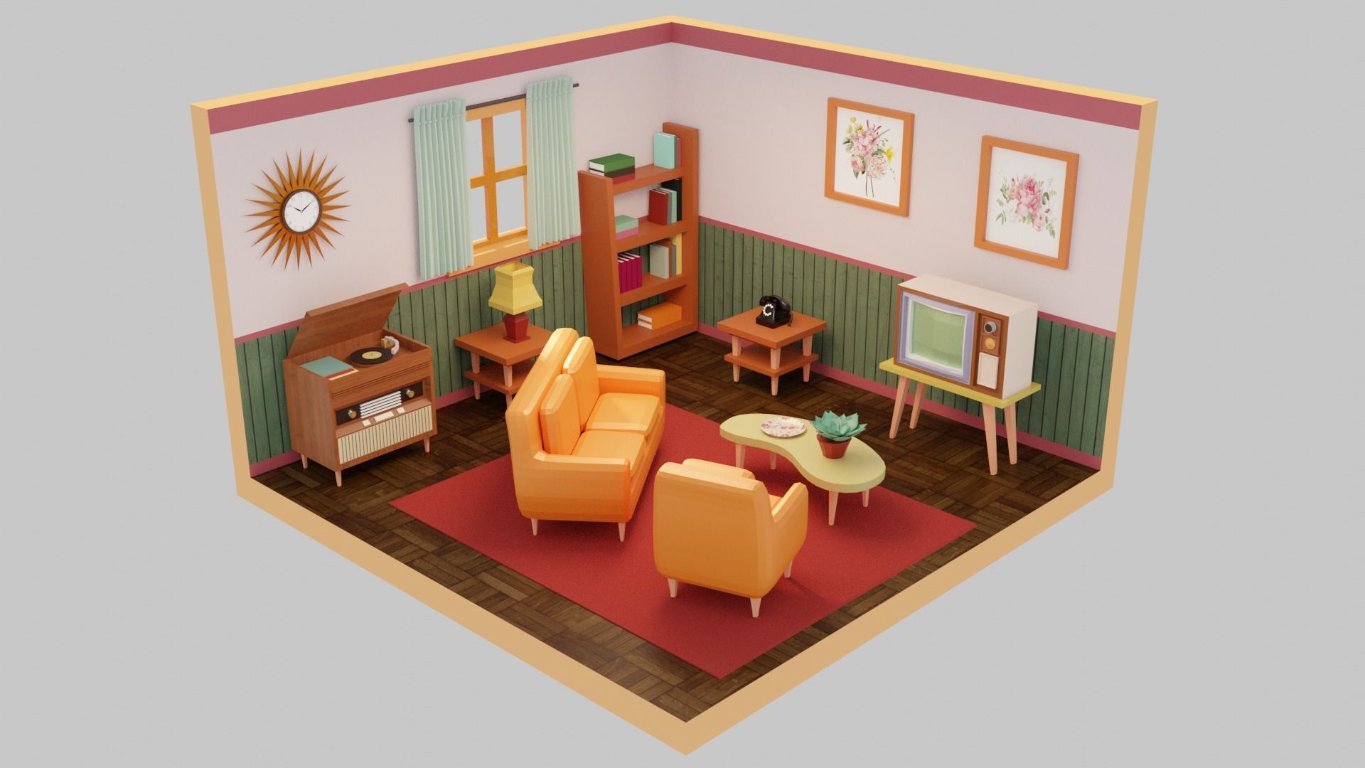 Vintage Living Room Low-poly 3D model_2