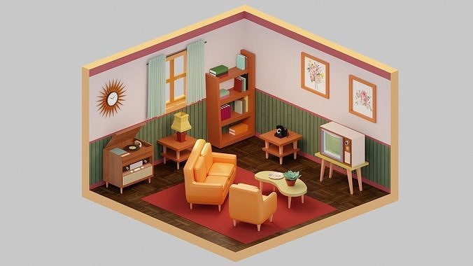 Vintage Living Room  Low-poly 3D model