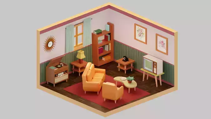 Vintage Living Room Low-poly 3D model Vintage Living Room Low-poly 3D model