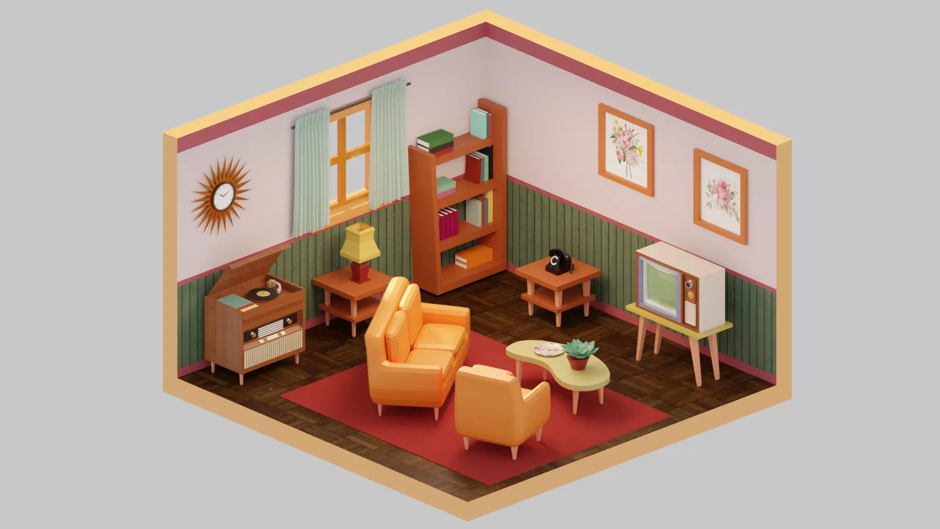 Vintage Living Room Low-poly 3D model_0