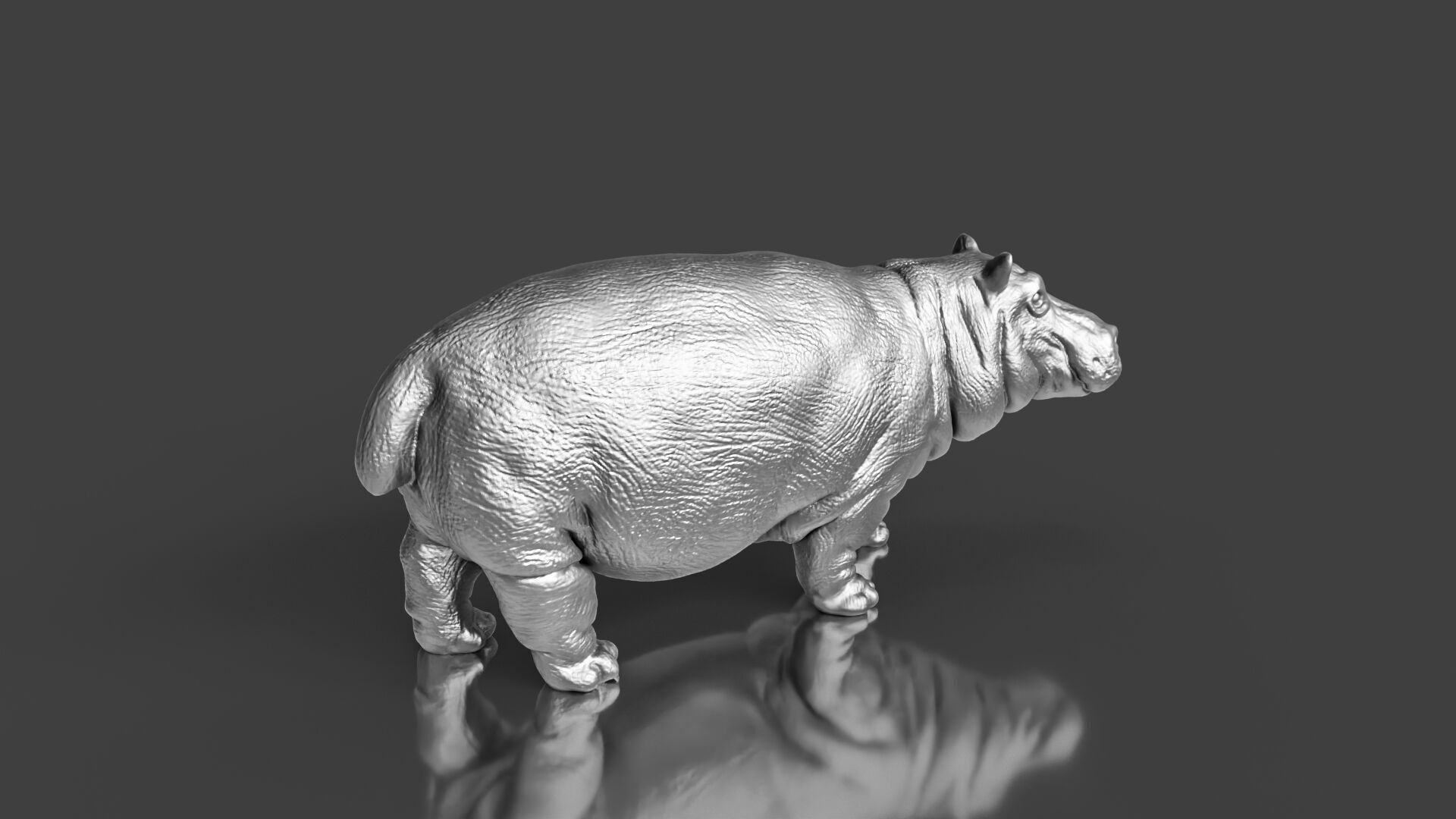 Silver Walking Hippo Statue 3D print model_5