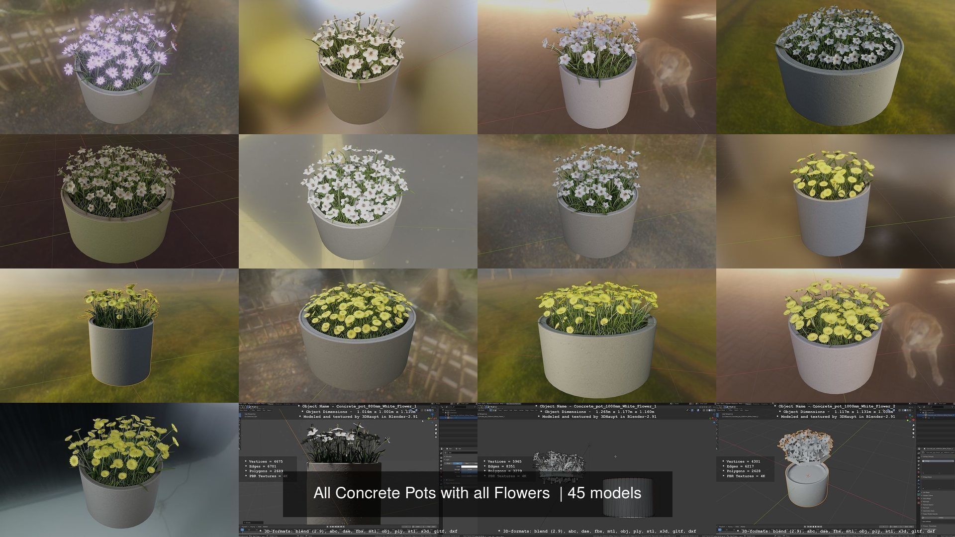 All Concrete Pots with all Flowers  3D Model Collection_34