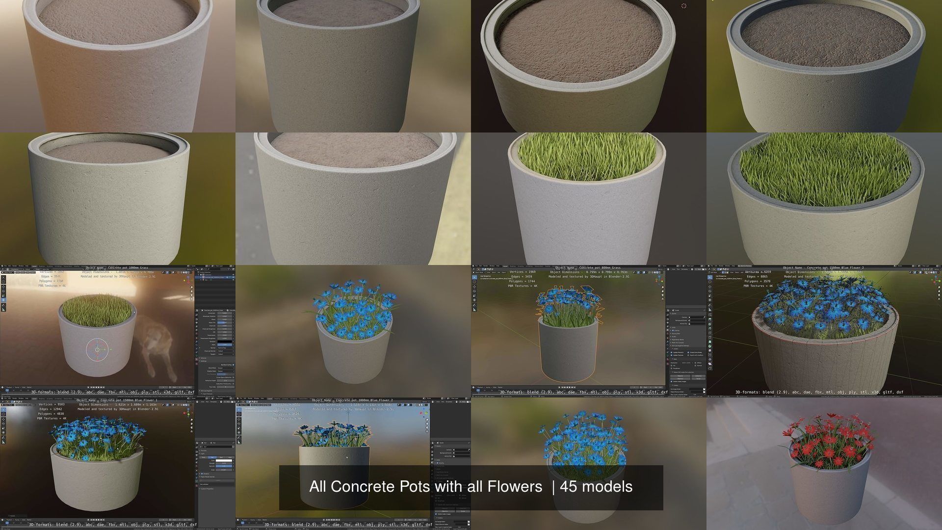 All Concrete Pots with all Flowers  3D Model Collection_35
