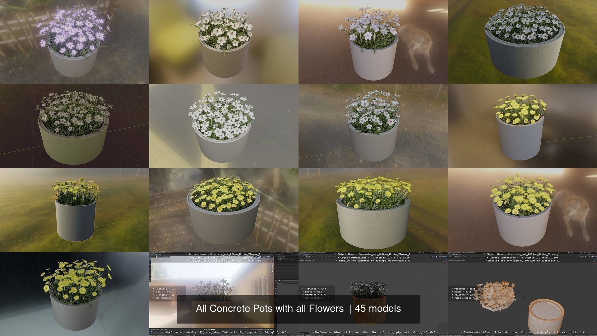 All Concrete Pots with all Flowers  3D Model Collection_36